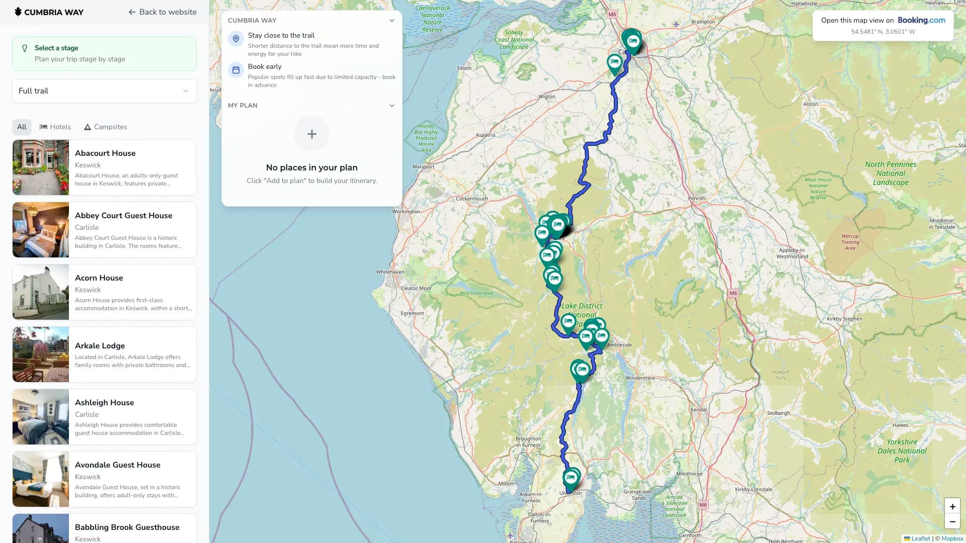 Planner map view with stages and accommodation along the trail